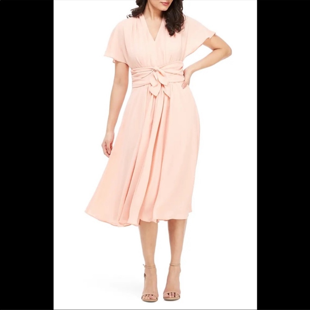 Pink/soft coral midi dress with bow waist